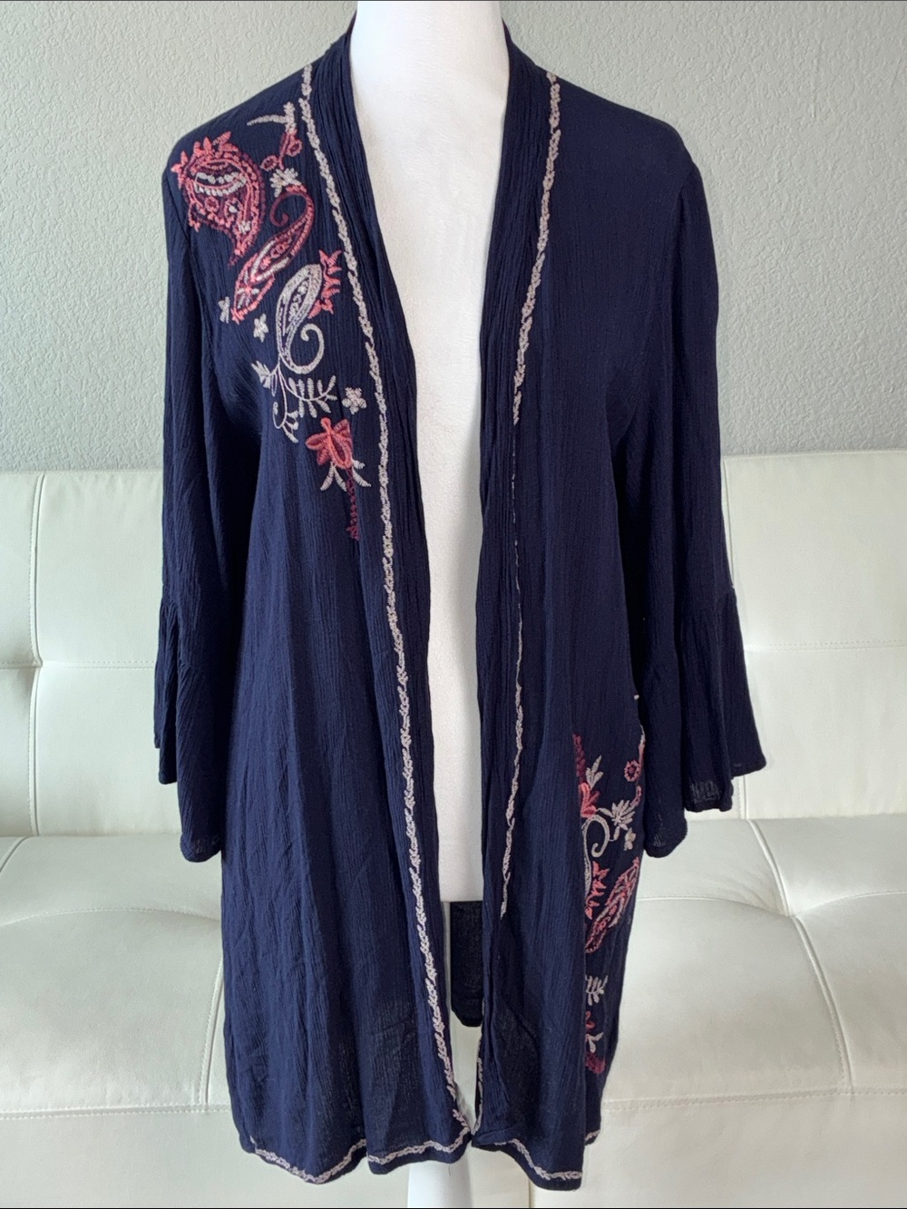 Navy Embroidered Open-Front Kimono Cardigan by Knox Rose
